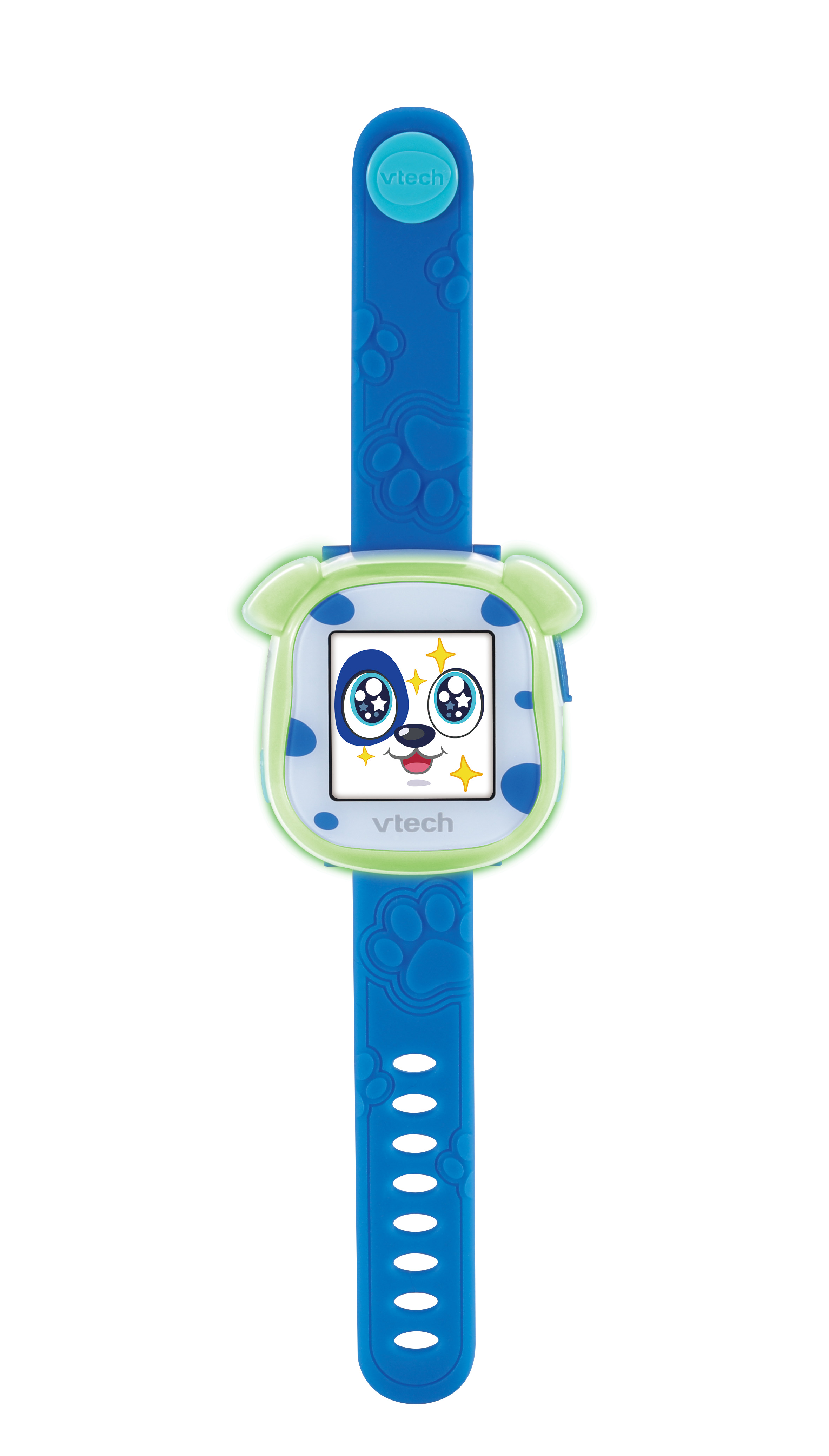 Blaue und grüne VTech Smartwatch in Hundeform mit blauem Armband und Pfotenabdrücken.