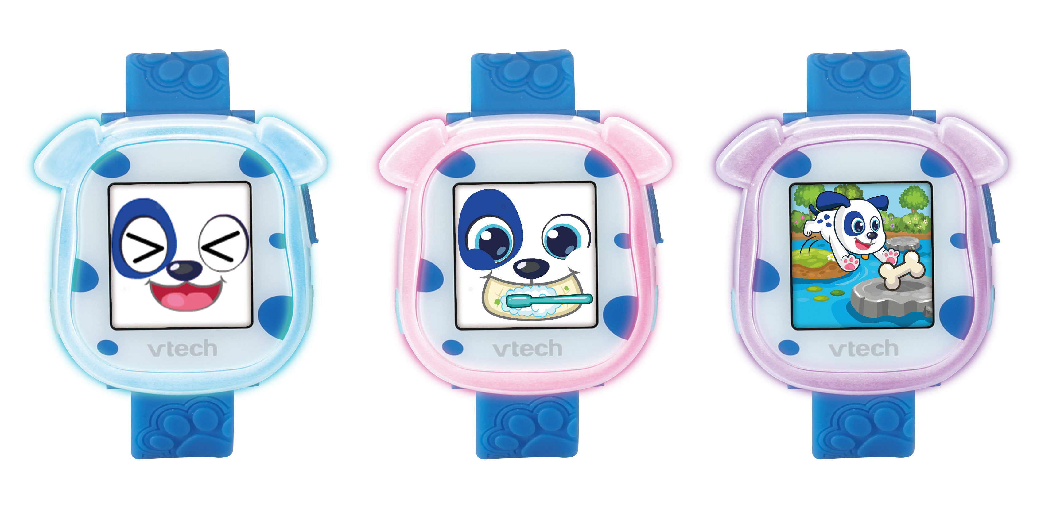 Drei welpenförmige Smartwatches mit unterschiedlichen Gesichtsausdrücken auf Bildschirmen.