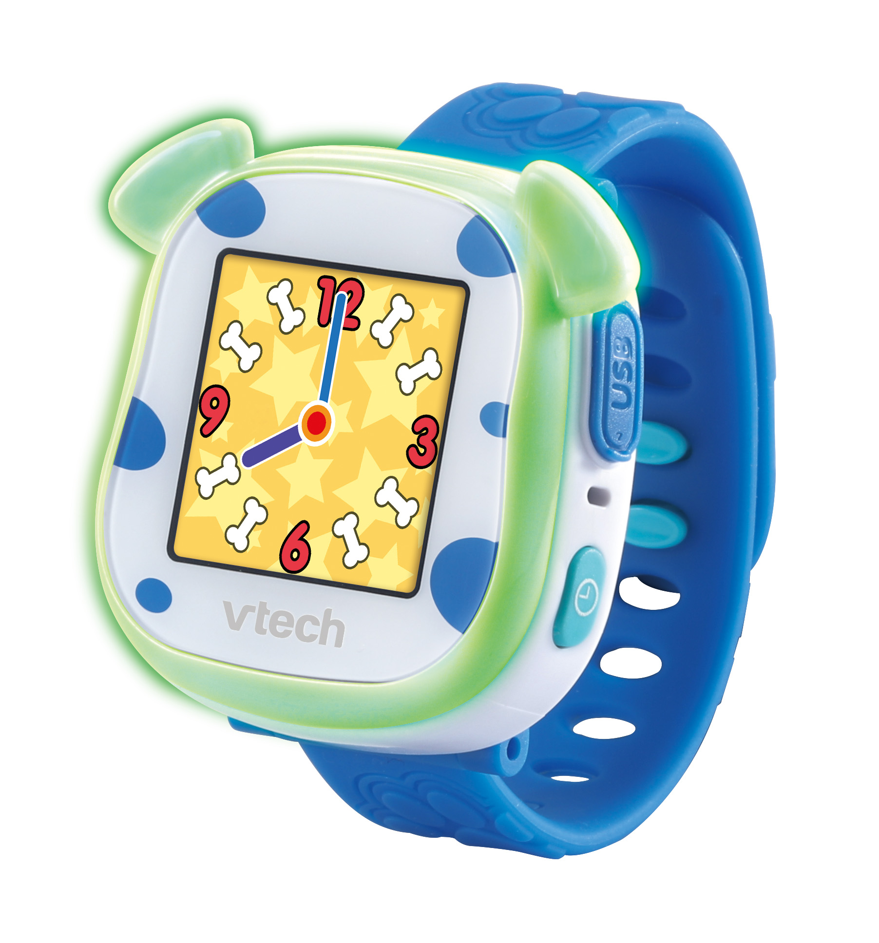Eine blaue und weiße Smartwatch mit hundähnlichem Gesicht. Text: Vtech.