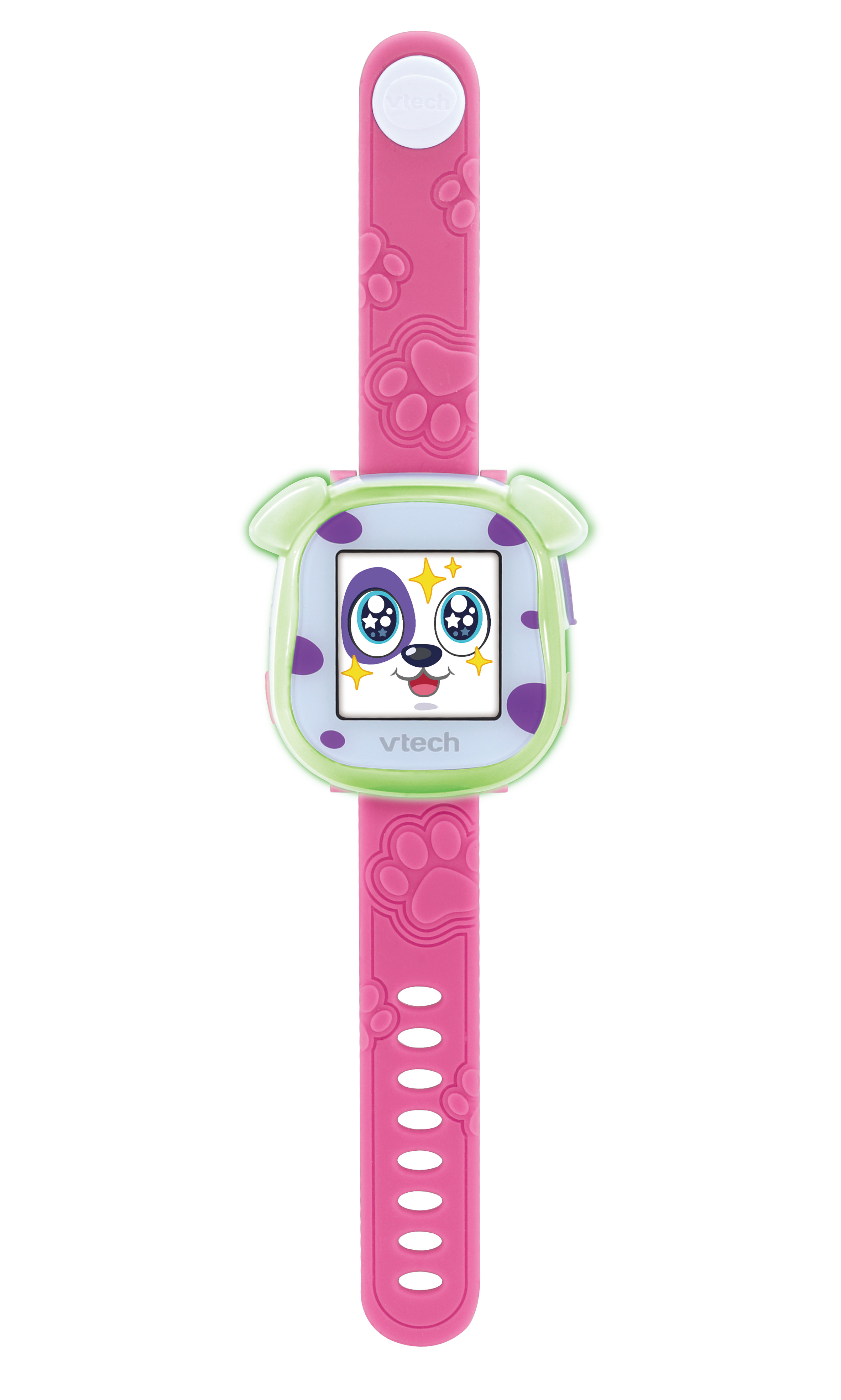 Rosa VTech Smartwatch für Kinder mit einem Hundegesicht auf dem Zifferblatt und einem rosa Armband.