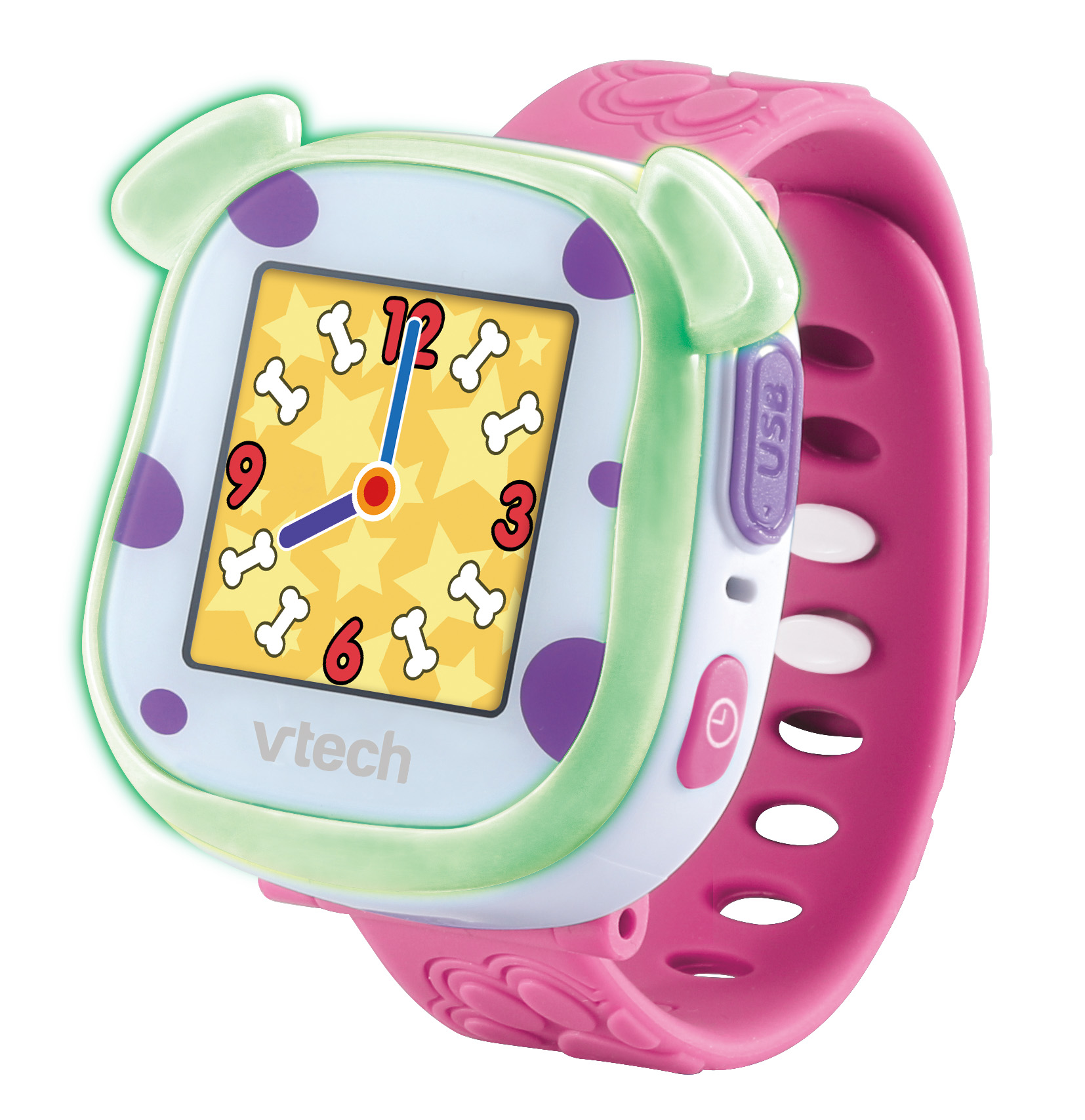 Eine rosa-weiße VTech Smartwatch für Kinder, mit Hunde-Design und einem Bildschirm mit Zahlen.