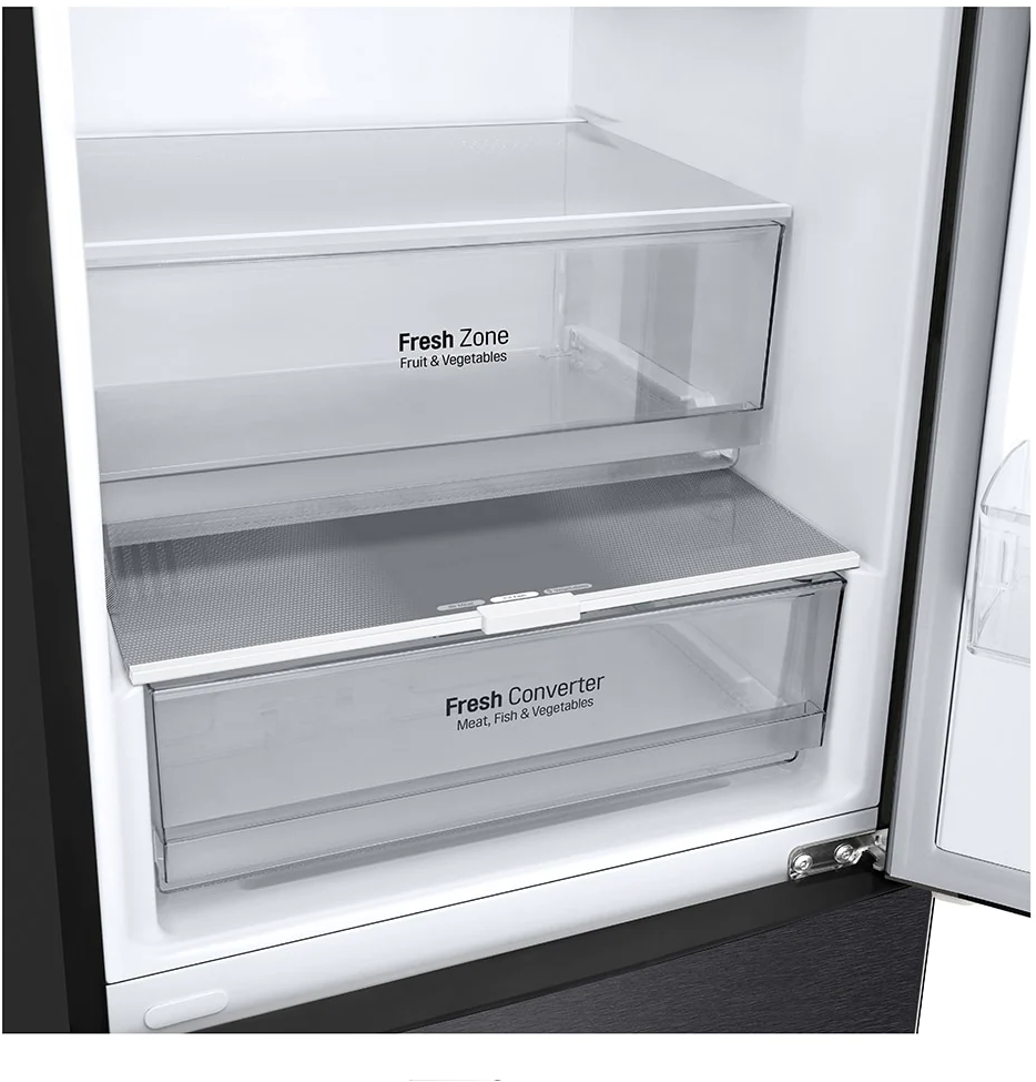 Koelkastinterieur met twee transparante laden met de labels Fresh Zone en Fresh Converter.