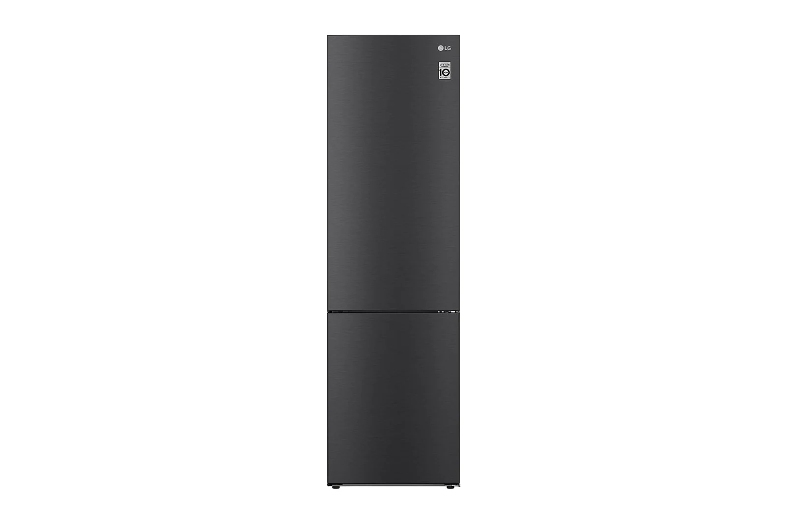 Een zwarte LG-koelkast, met twee deuren, op een witte achtergrond.