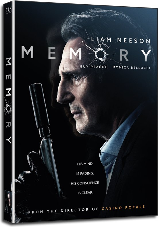 Filmoverzicht met Liam Neeson die een pistool vasthoudt met een gebroken glaseffect en het woord Memory.
