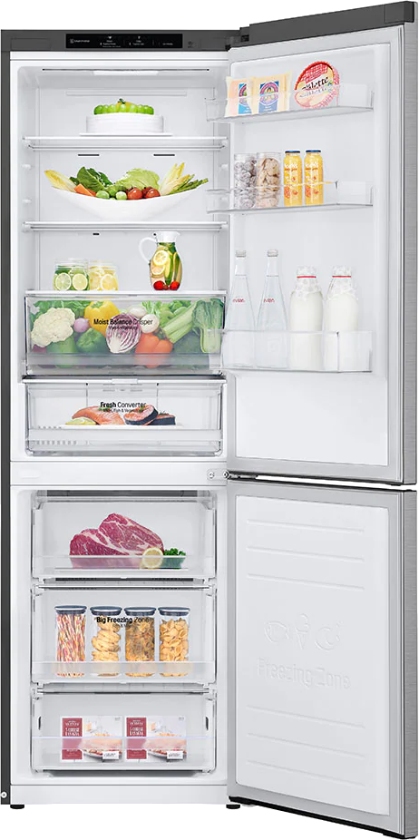 Intérieur du réfrigérateur avec étagères, tiroirs et aliments.