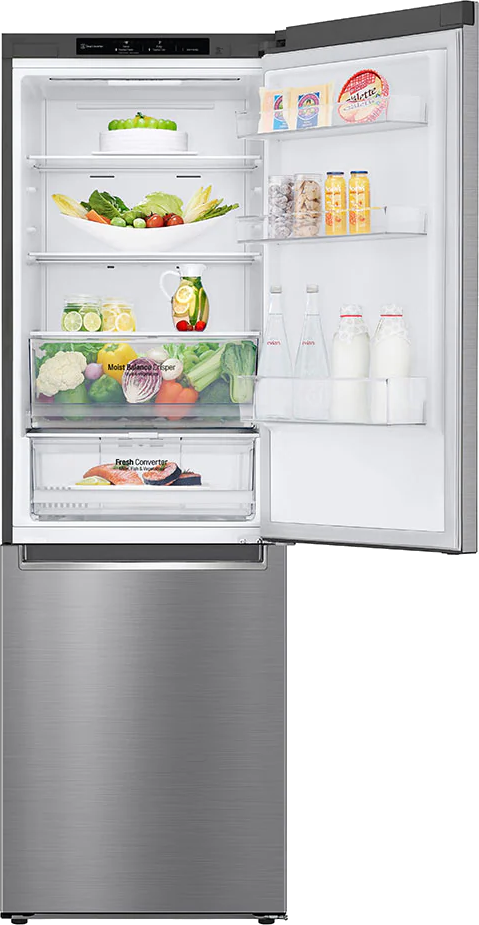 Un réfrigérateur en acier inoxydable avec la porte ouverte, montrant des aliments.