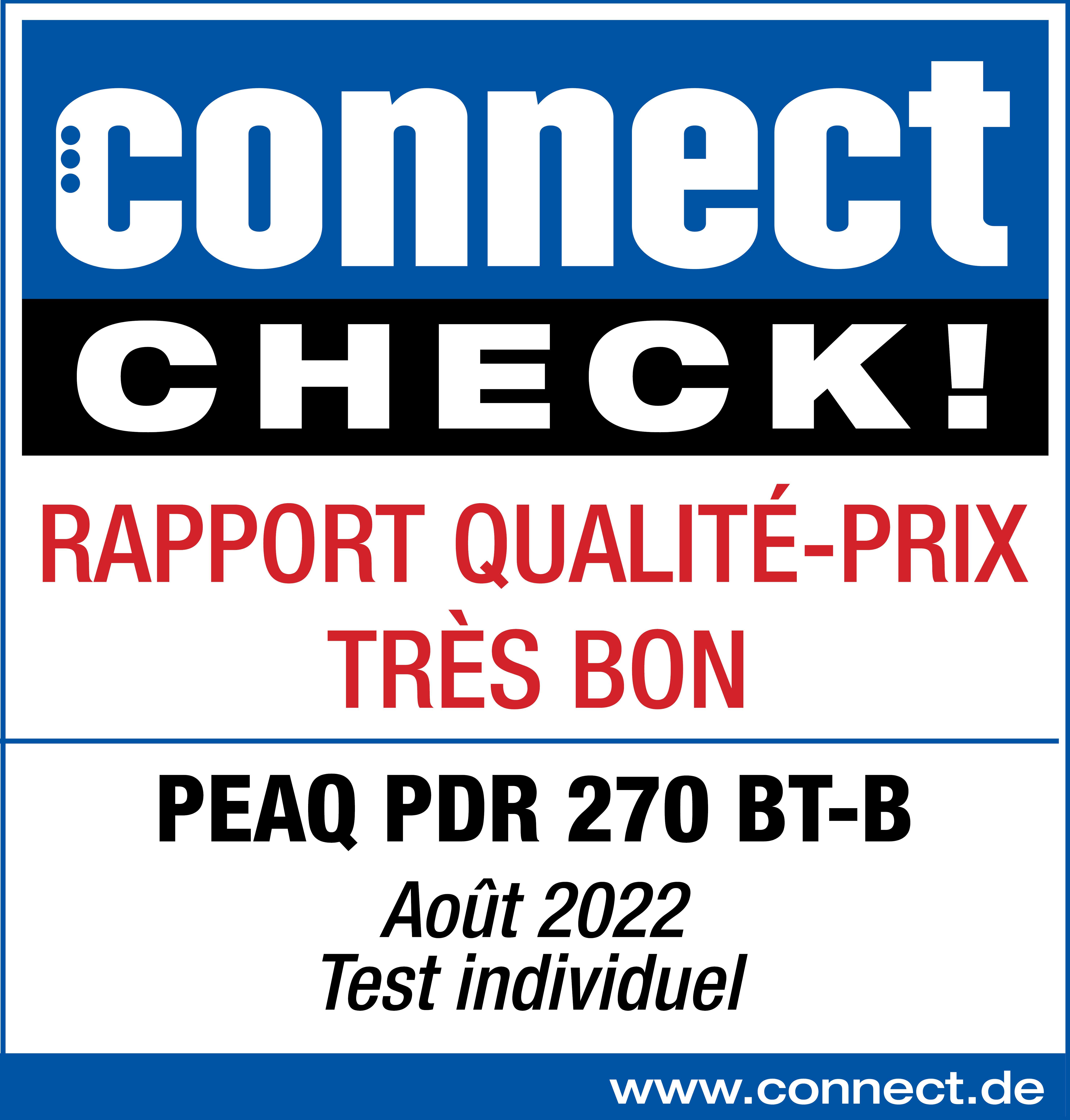 Texte blanc sur fond bleu et noir. Texte : 'connect CHECK !' 'Rapport qualité-prix très bon'.