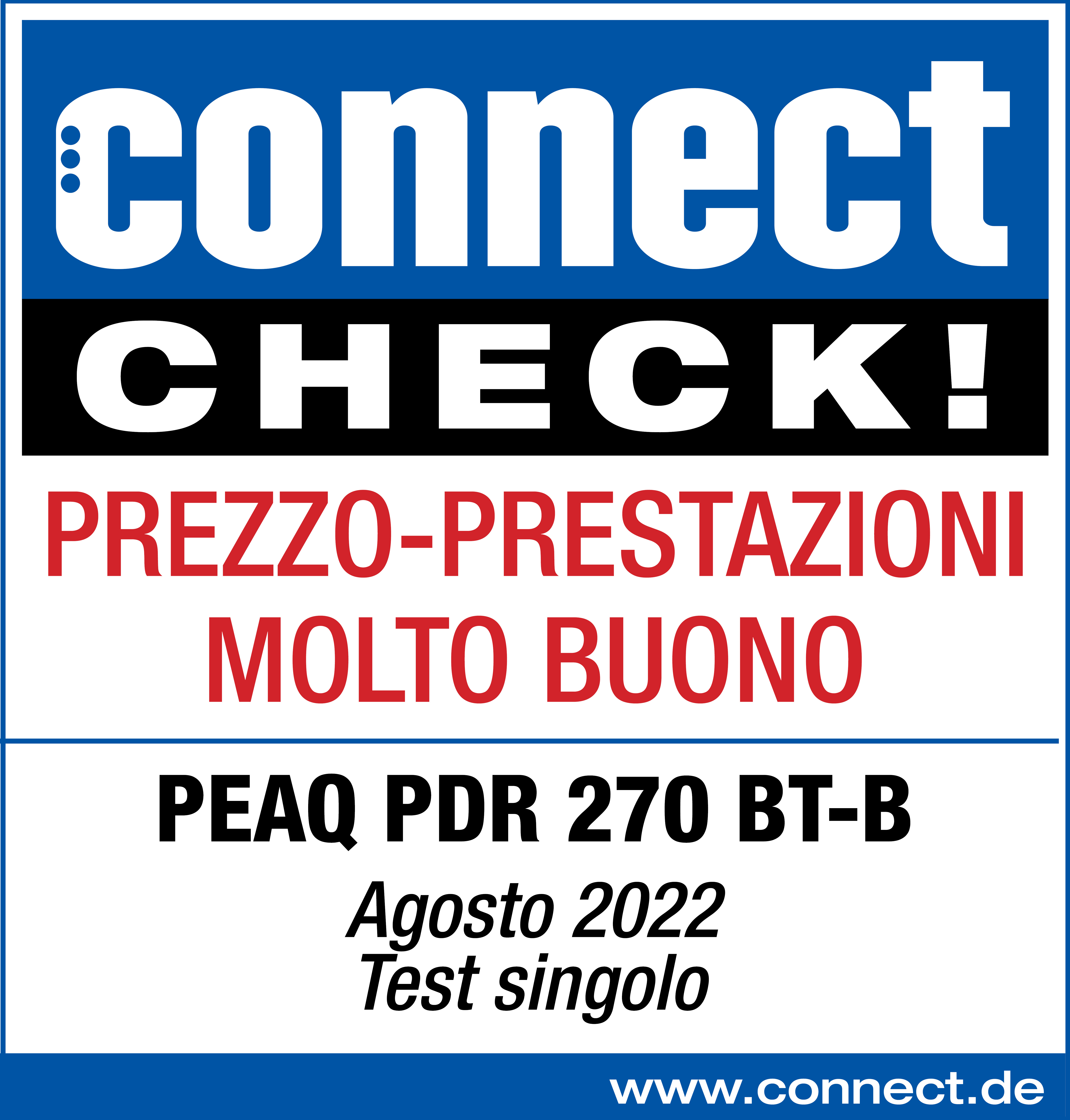 Un panneau bleu et blanc avec texte en italien, avec une évaluation prix-performance et une coche.