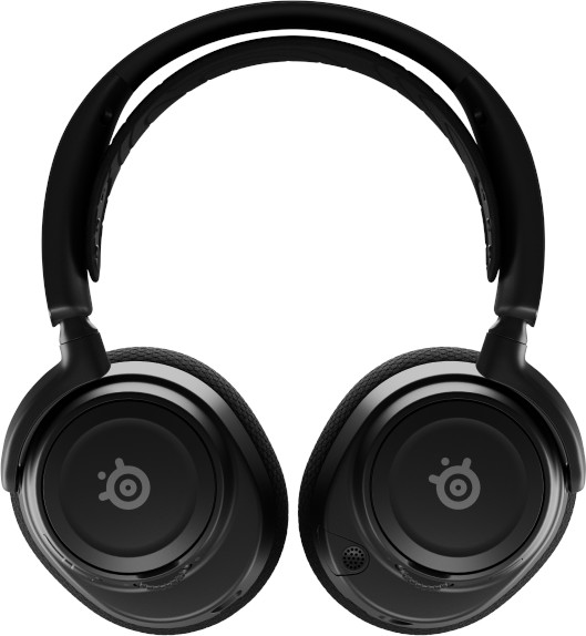 Casque noir avec le logo au centre de chaque écouteur.