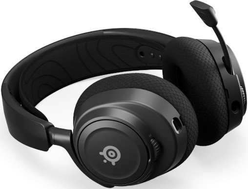 Casque noir avec microphone sur fond blanc.