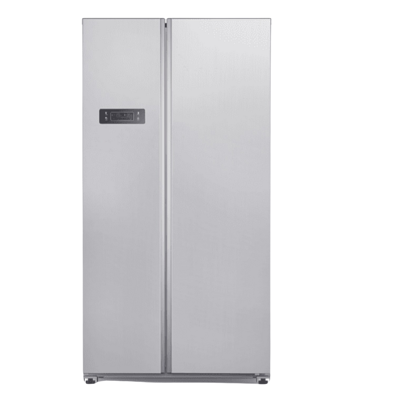 Un refrigerador blanco lado a lado con una pantalla digital en la puerta izquierda.