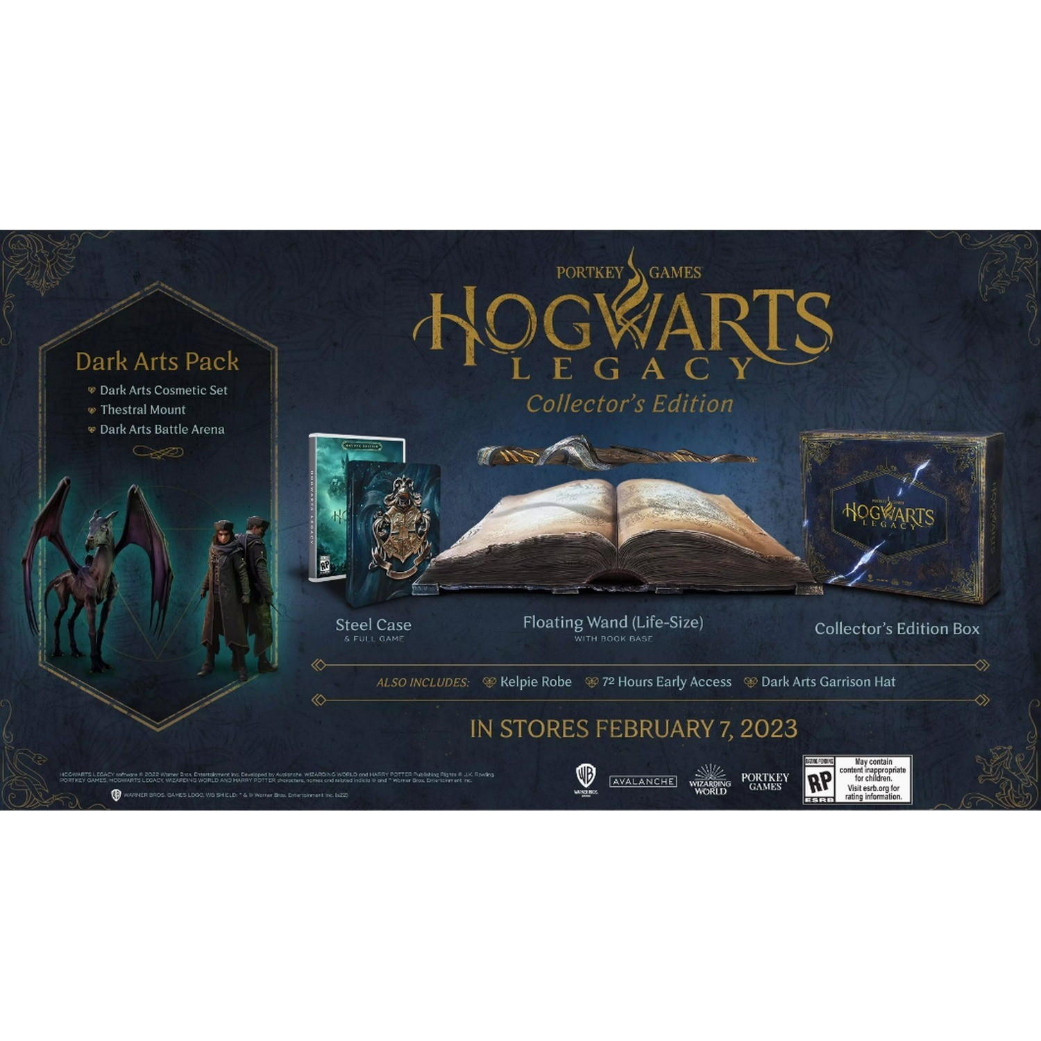 Caja de la Edición de Coleccionista de Hogwarts Legacy con objetos y texto.