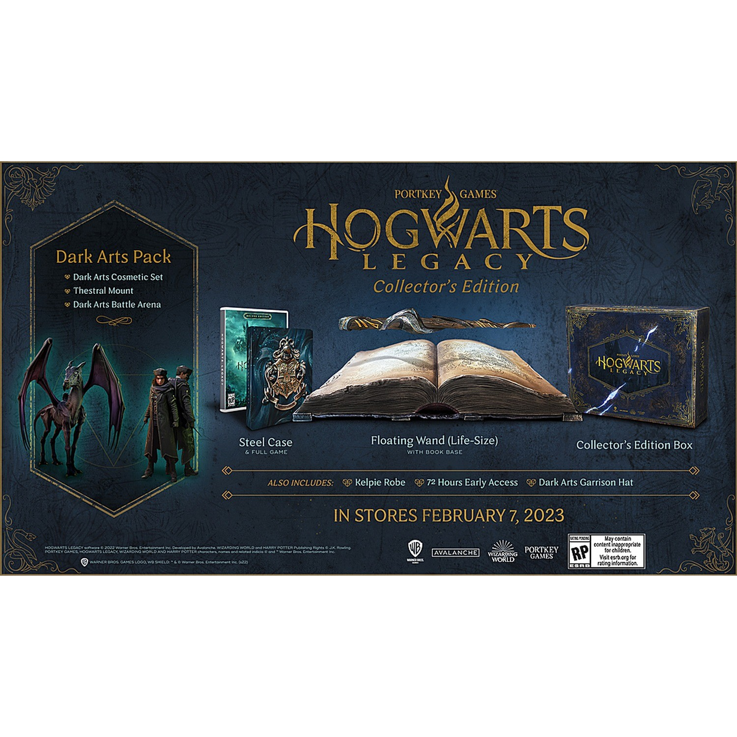 Caja de la edición de coleccionista de Hogwarts Legacy con libro y otros objetos coleccionables.