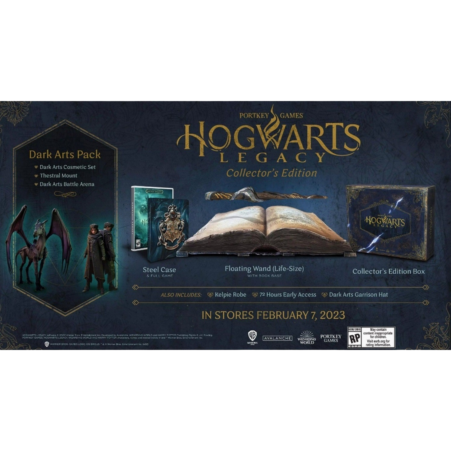 Caja de colección Hogwarts Legacy, con estuche de juego, varita y libro.