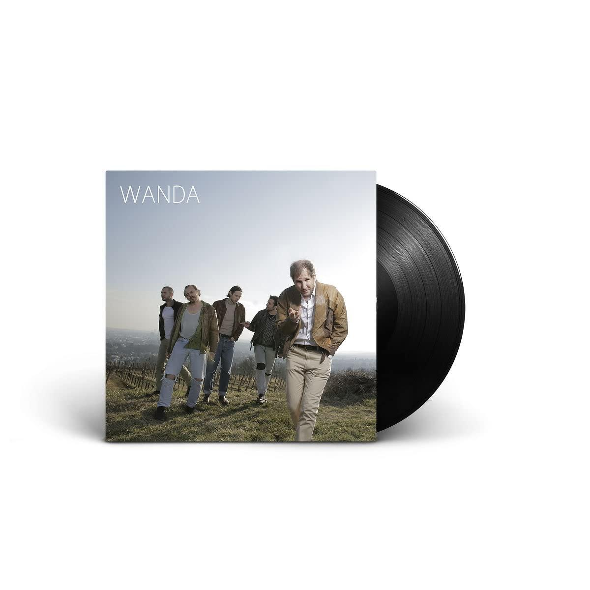 Schallplatte und Albumcover mit Bandmitgliedern, die über ein Feld gehen.