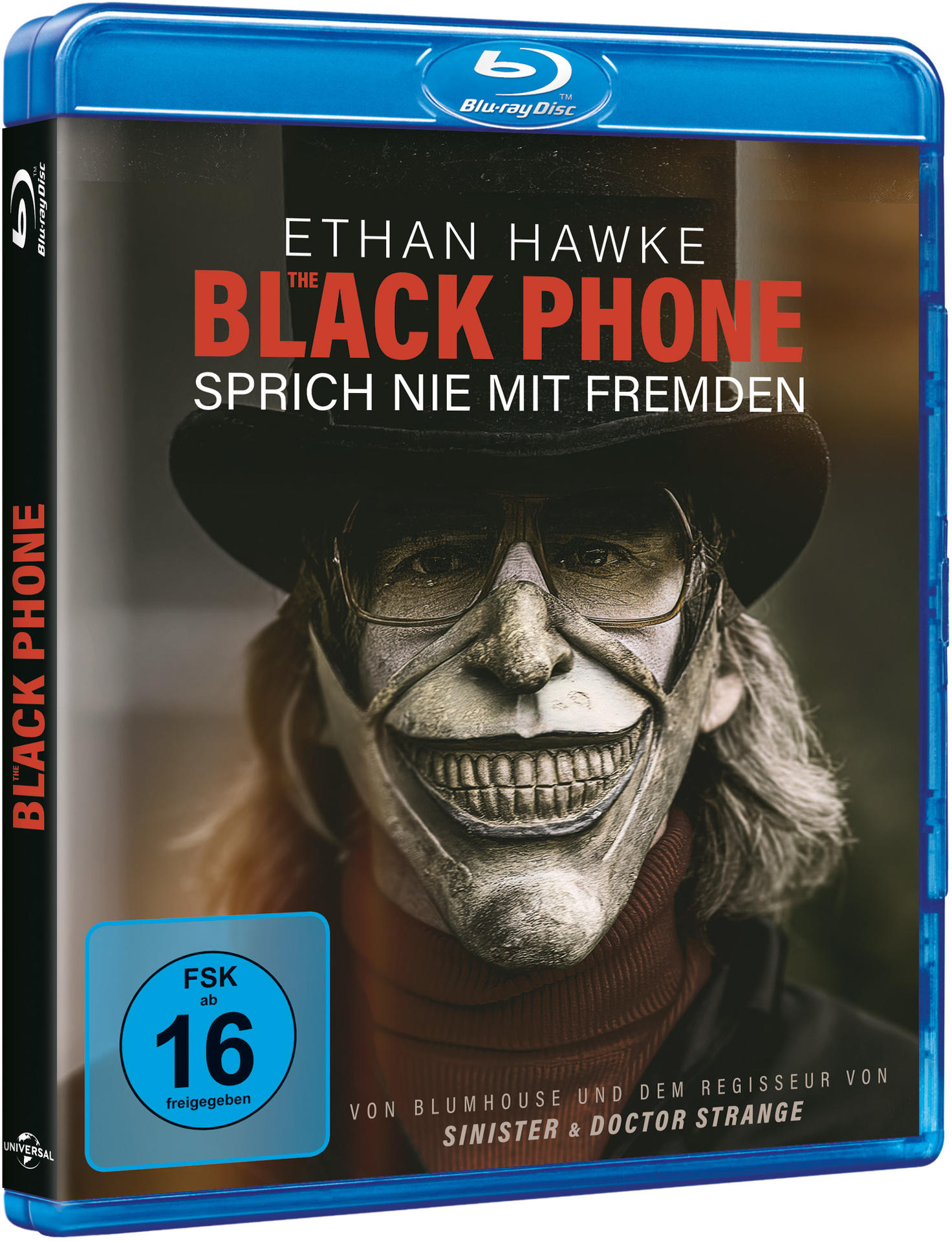 Filmcover: 'The Black Phone' mit Ethan Hawke und einem maskierten Gesicht.