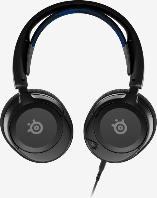 Casque circum-auriculaire noir avec un bandeau bleu et noir, et le logo SteelSeries.