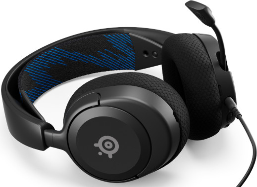 Casque gaming SteelSeries noir avec un accent bleu sur l'arceau et le micro.