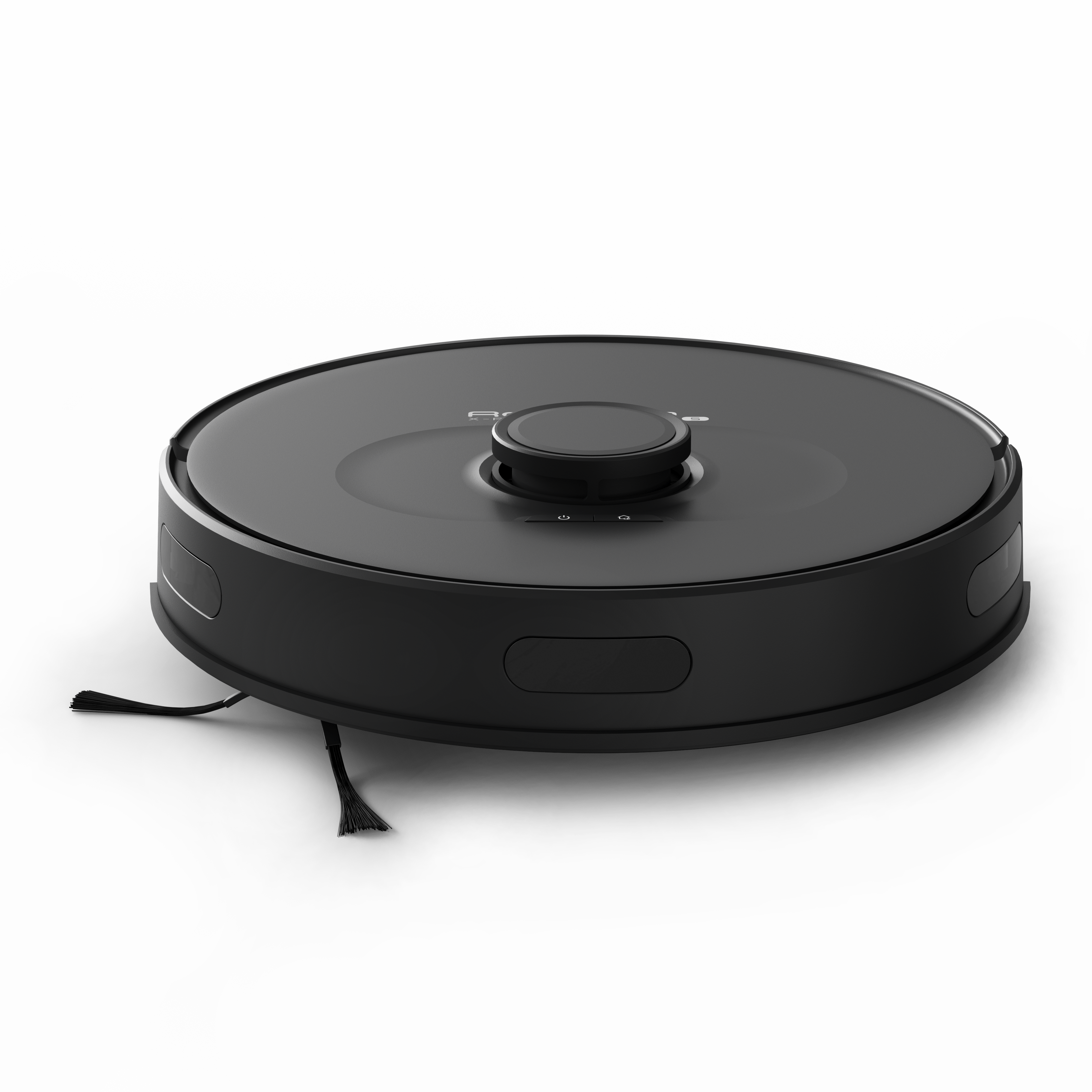 Fekete robotporszívó. Kör alakú dizájn, központi dudorral és oldalkefékkel, fehér háttér.