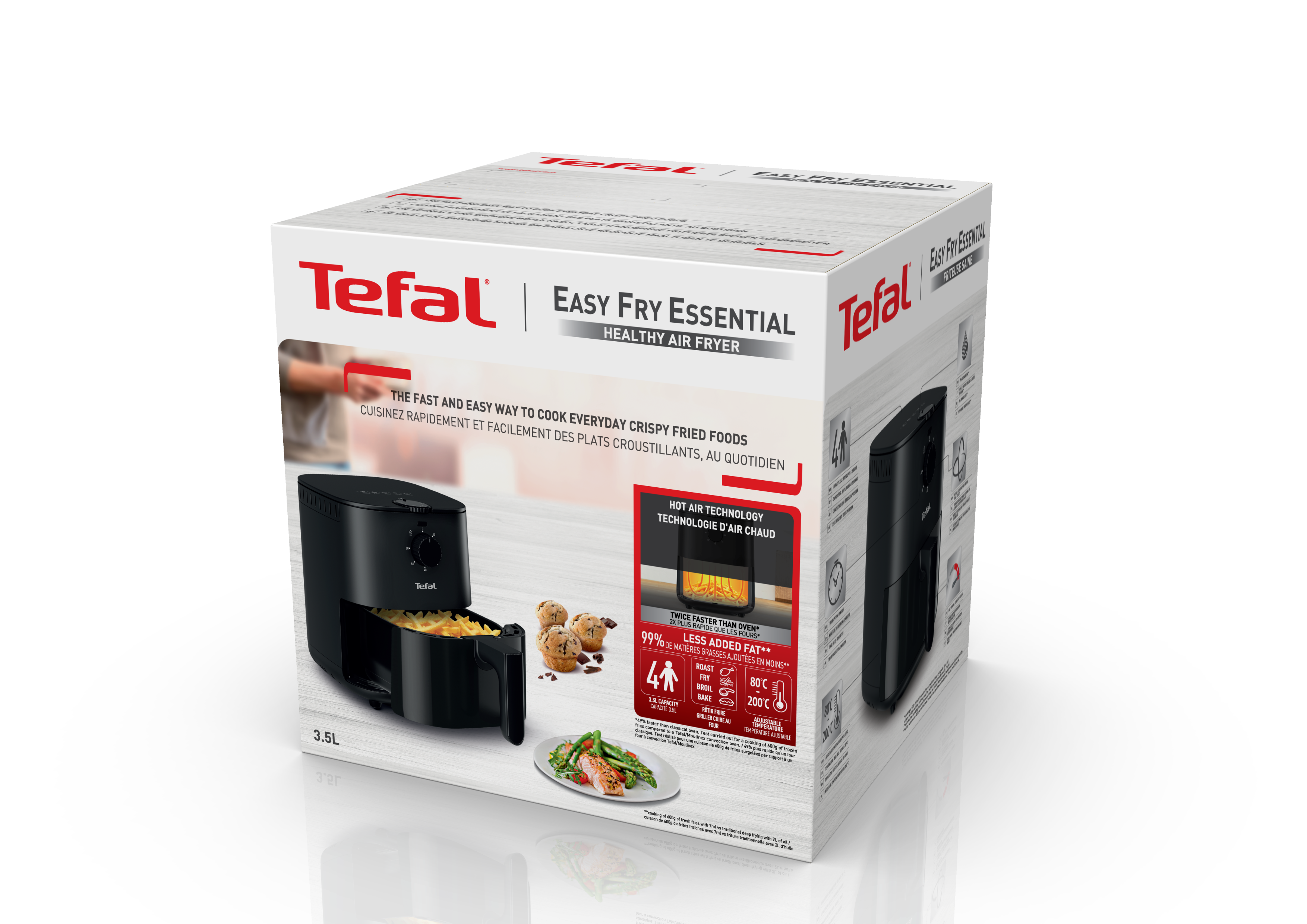 Tefal Easy Fry Essential légkeveréses sütő doboza. A doboz a terméket és annak jellemzőit mutatja.
