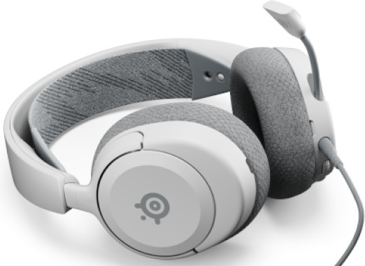 Casque de jeu blanc et gris avec microphone, légèrement incliné vers la droite.