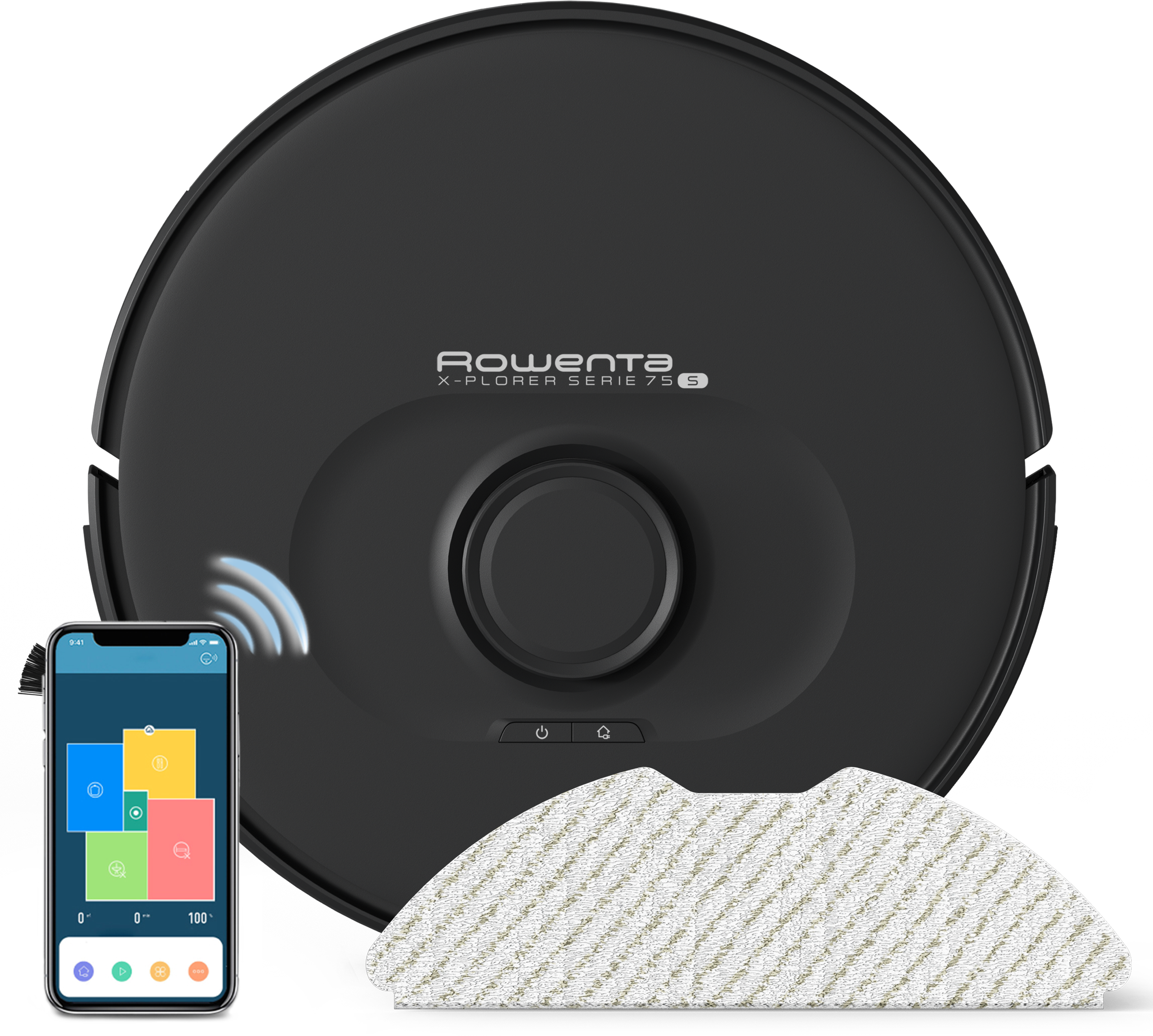 Fekete robot porszívó, telefon térképpel, felmosó betét. Rowenta X-Plorer 75 S.