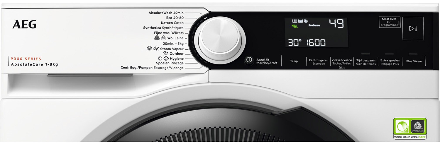 Washing machine control panel with a dial, display, and various program options displayed.