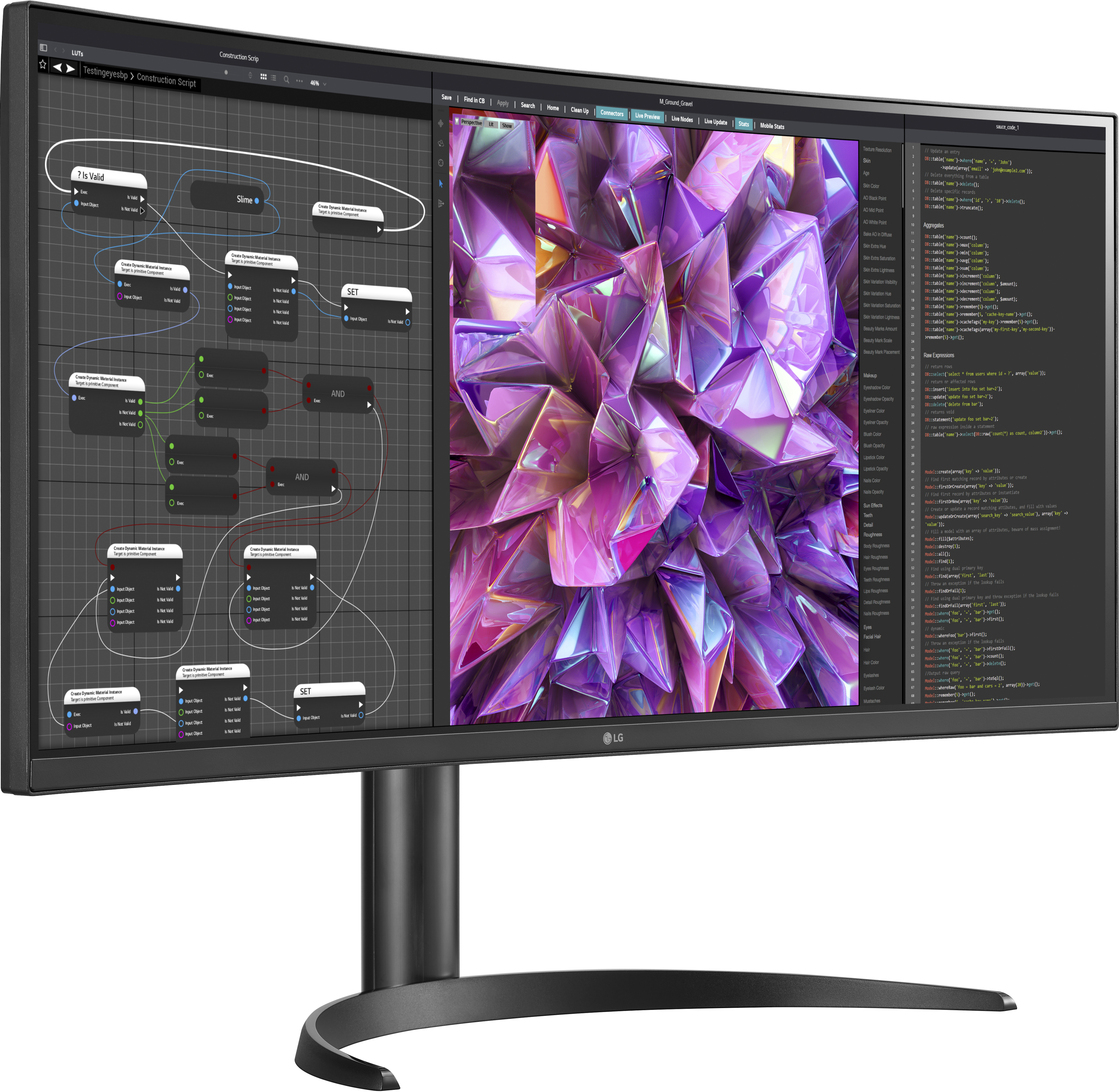 Ein gewölbter Monitor, der eine komplexe Codierungsoberfläche und eine Kristallgrafik anzeigt.