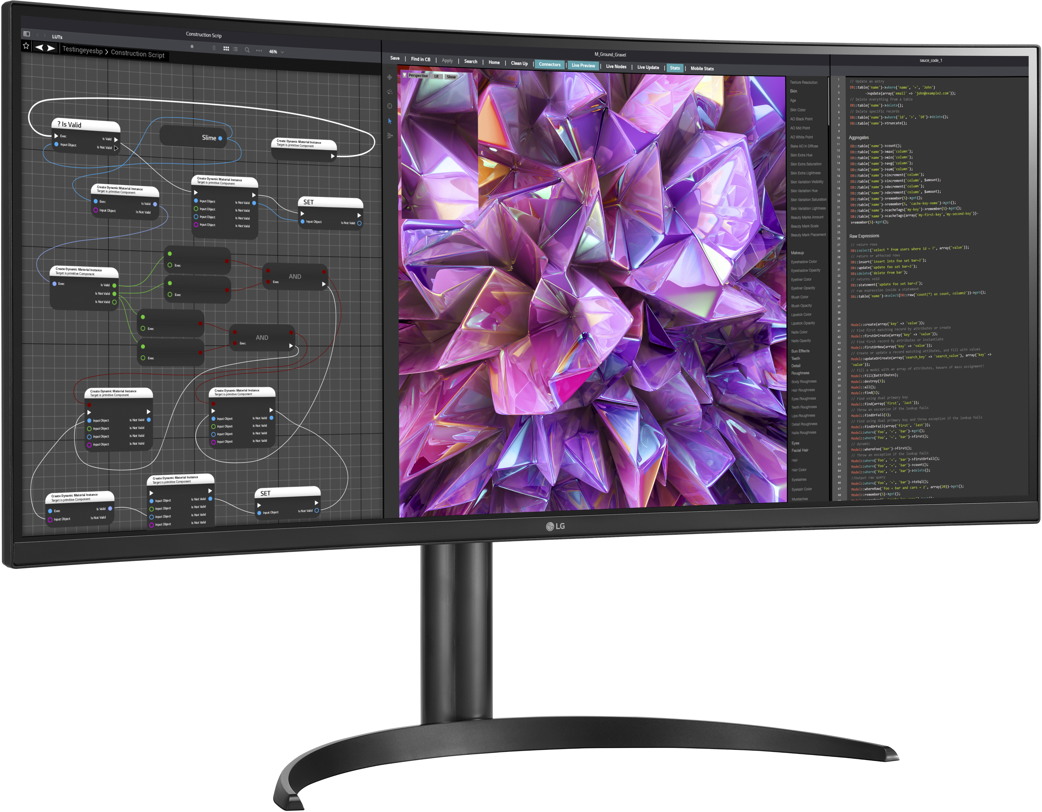 Ein gekrümmter Monitor, der Code und ein farbenfrohes abstraktes Bild anzeigt.