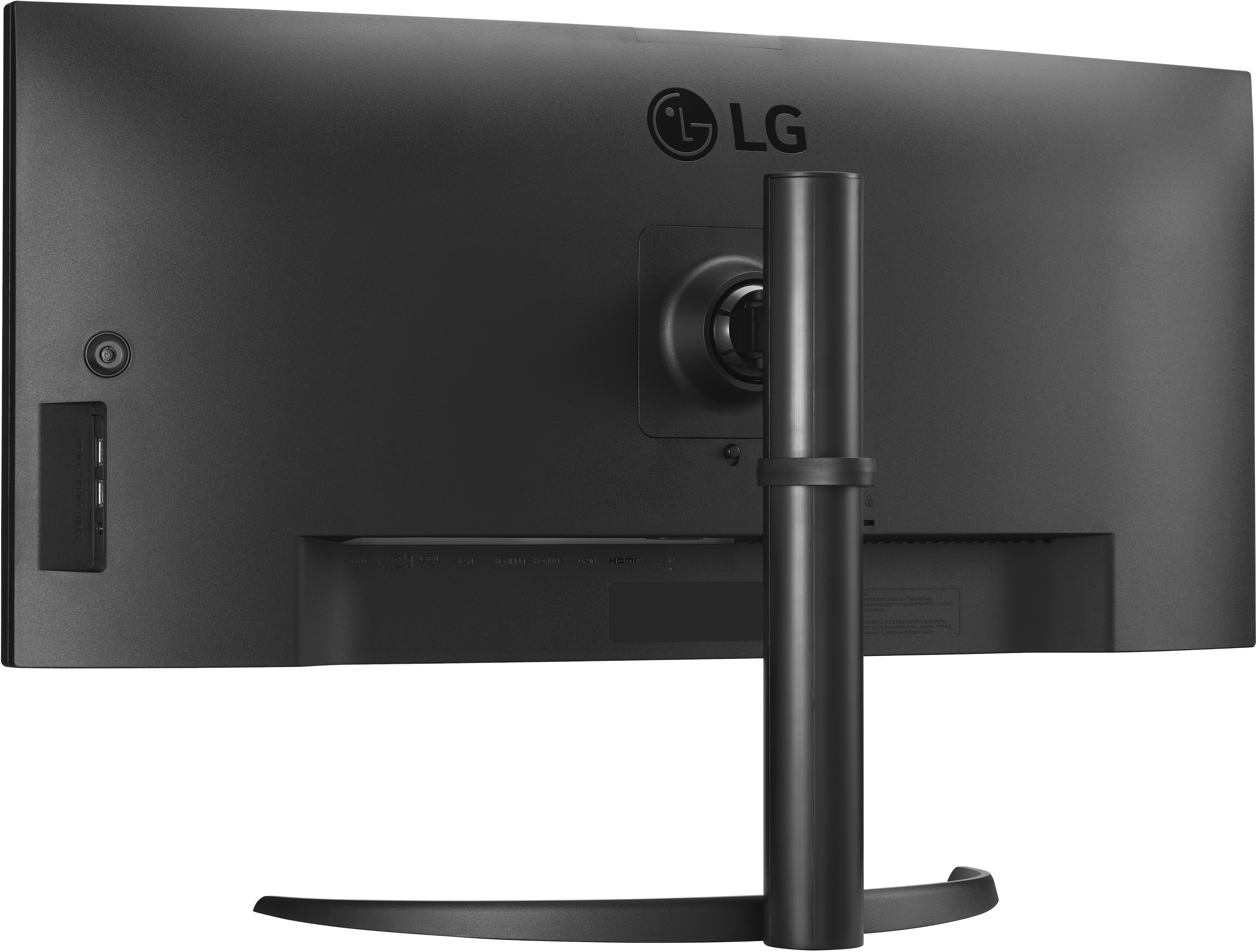 Die Rückseite eines großen, schwarzen LG-Monitors mit Ständer, zeigt Anschlüsse und Stecker.
