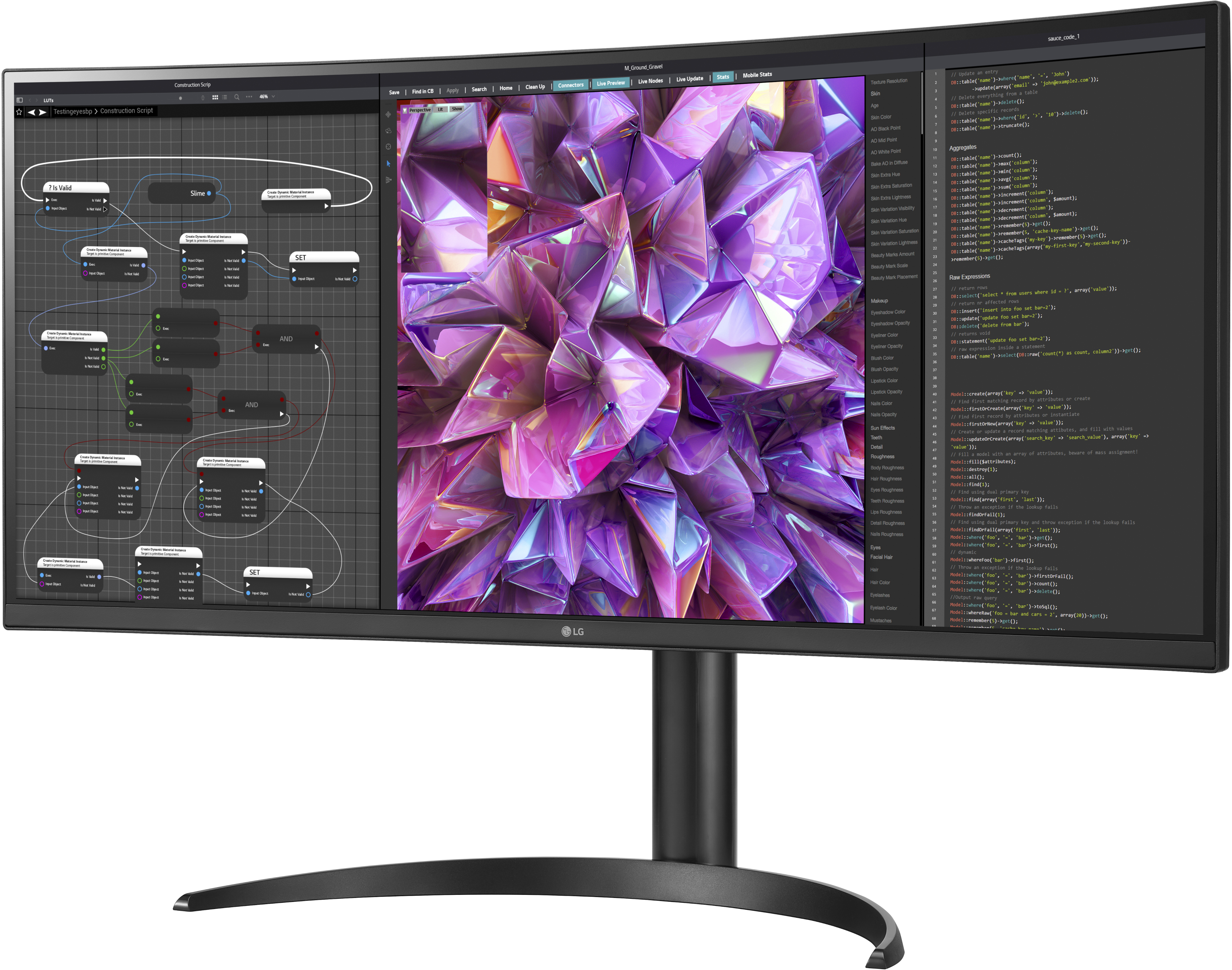 Ein großer, gebogener Computermonitor mit schwarzem Ständer. Der Bildschirm zeigt Codierung und Grafiken.