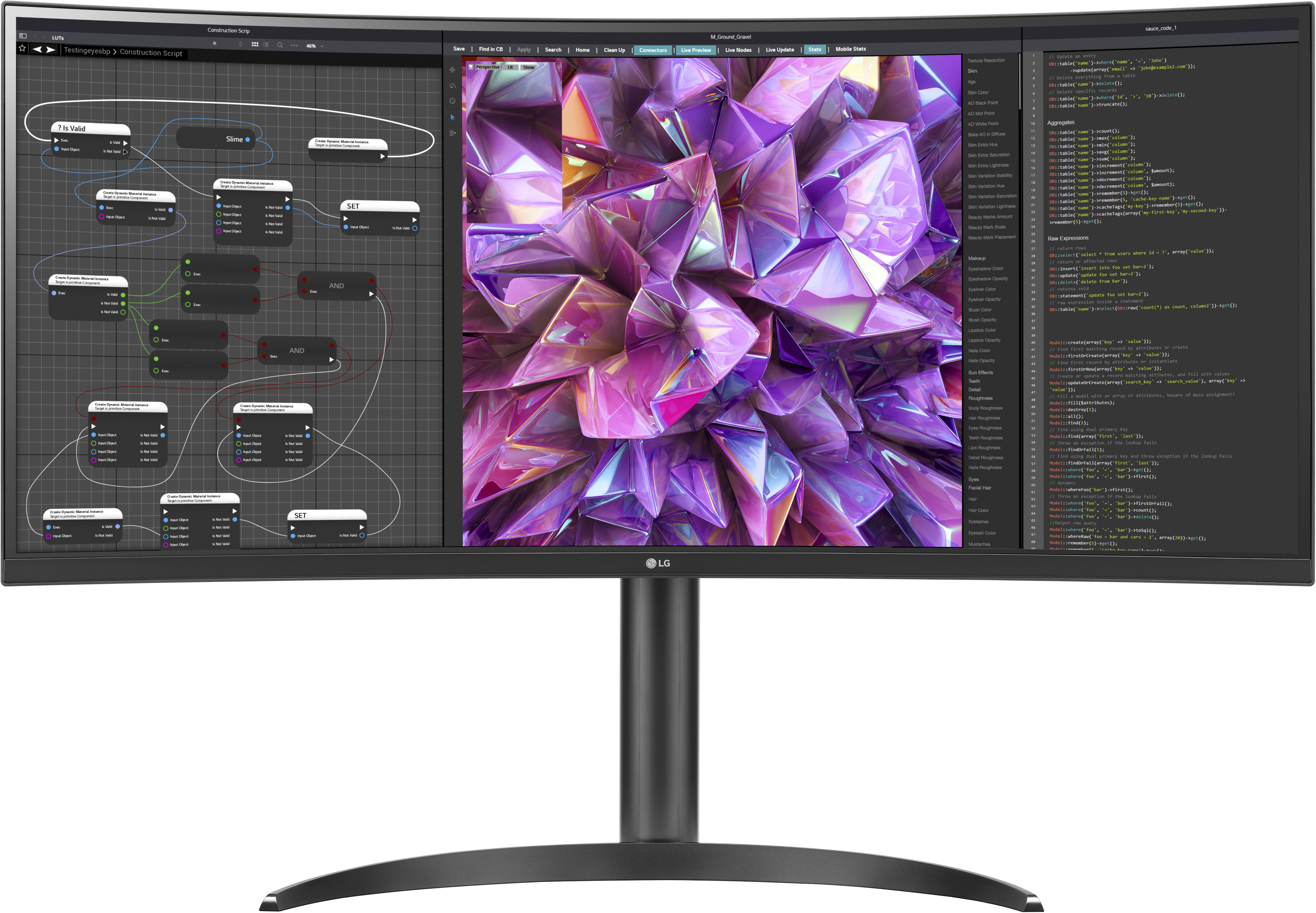 Ein gebogener Computermonitor mit einer bunten Grafik und Code auf dem Bildschirm.