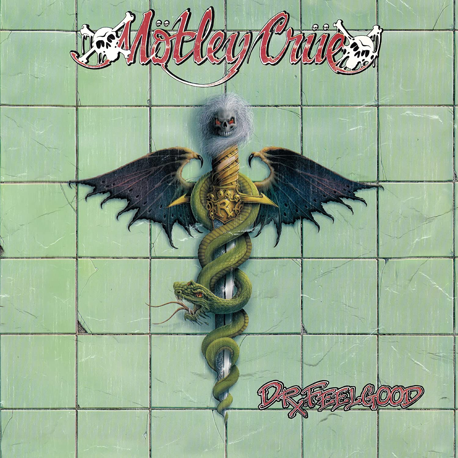A Mötley Crüe Dr. Feelgood című albumának borítója. Egy koponyával koronázott caduceus denevérszárnyakkal és egy zöld kígyóval zöld csempézett háttéren.