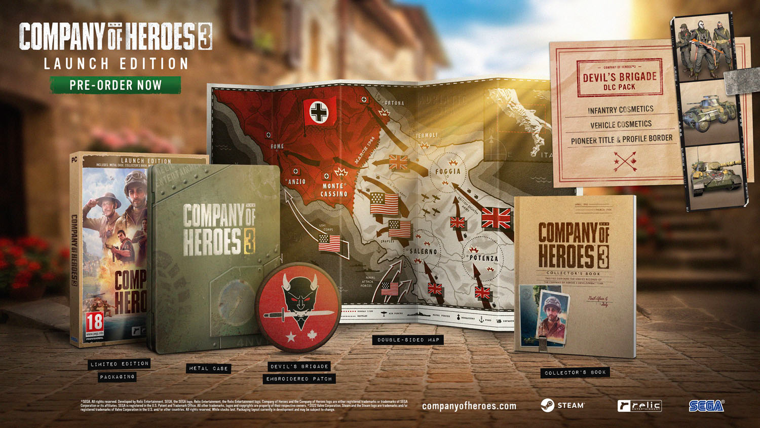 Illustration de la boîte de jeu avec une carte, des personnages et le titre du jeu 'Company of Heroes 3'.