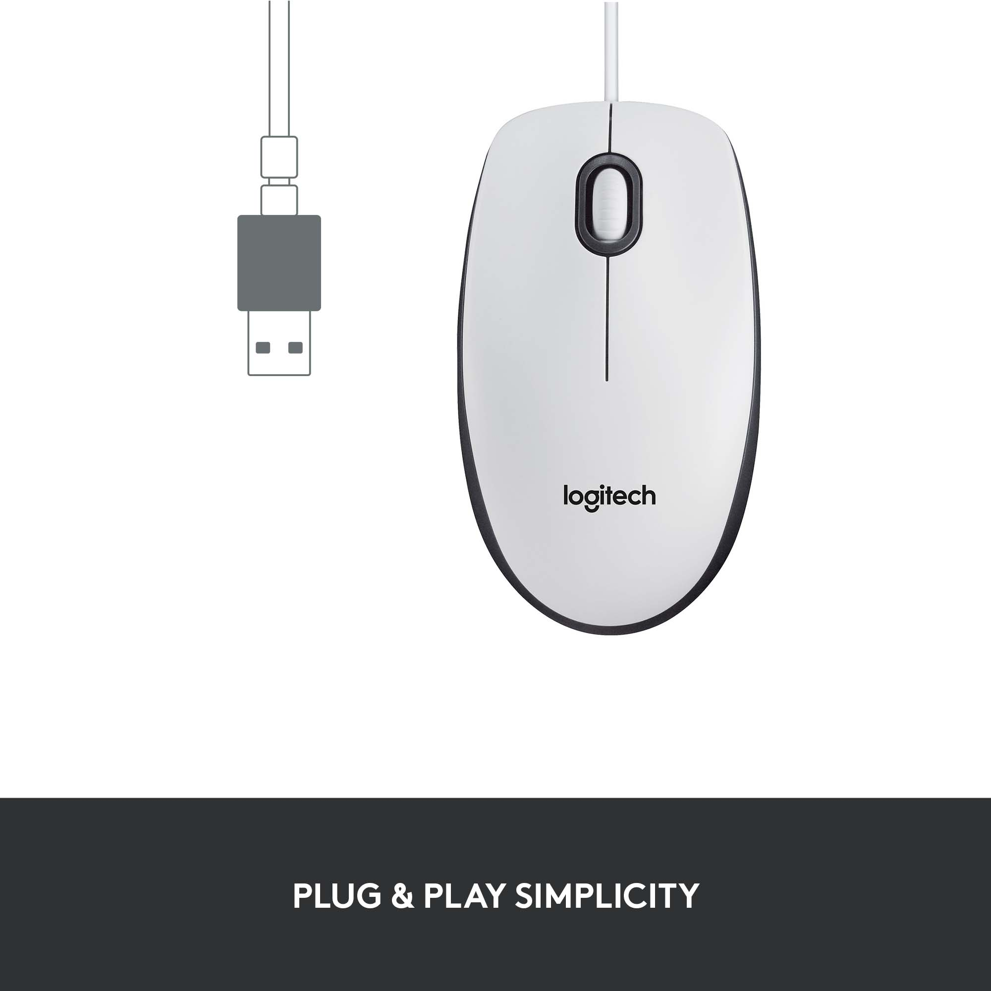 Weiße Logitech-Maus mit schwarzem Rand und Kabel, auf weißem Untergrund mit Text 'Plug & Play Simplicity'.