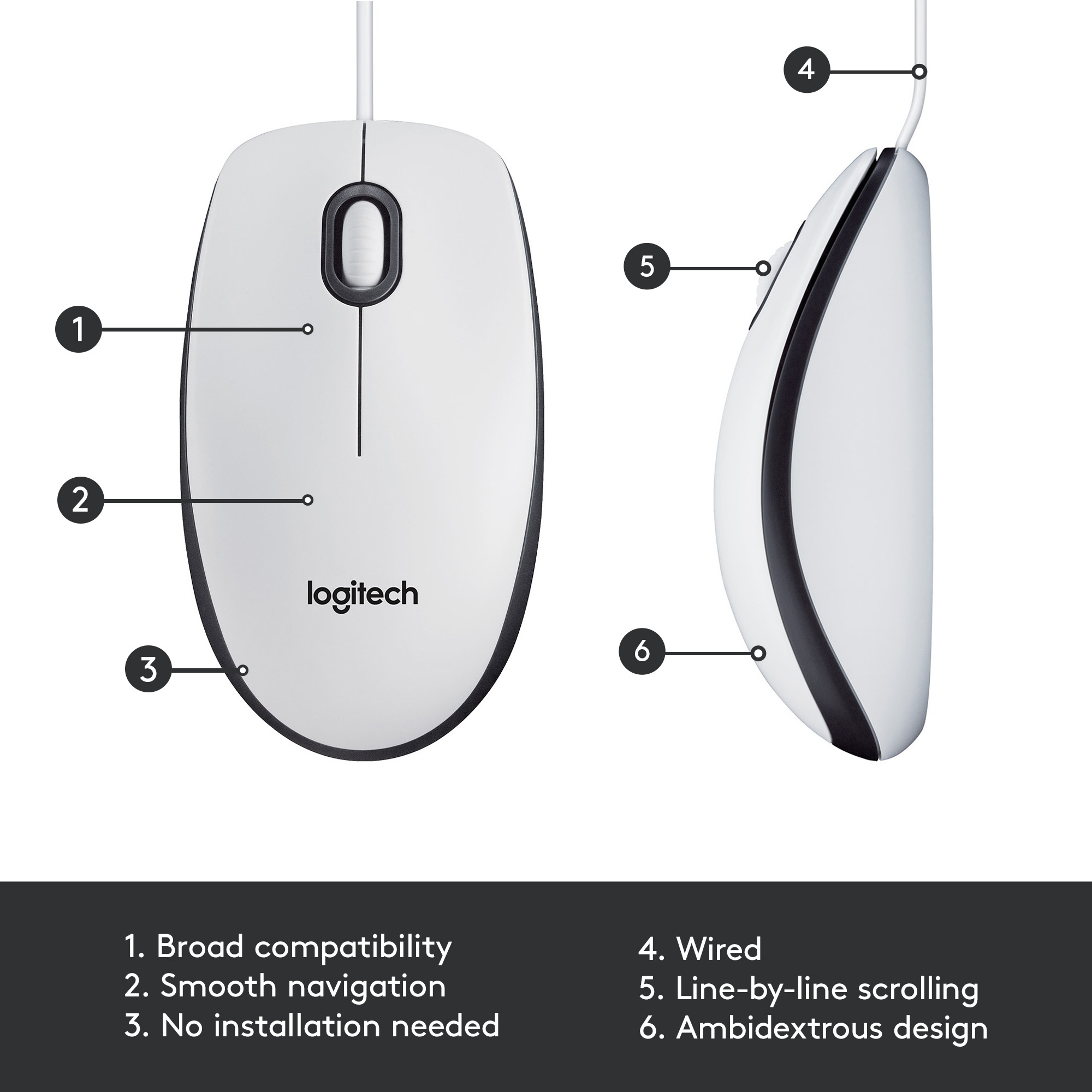 Weiße Logitech-Maus. Eigenschaften: breite Kompatibilität, reibungslose Navigation.