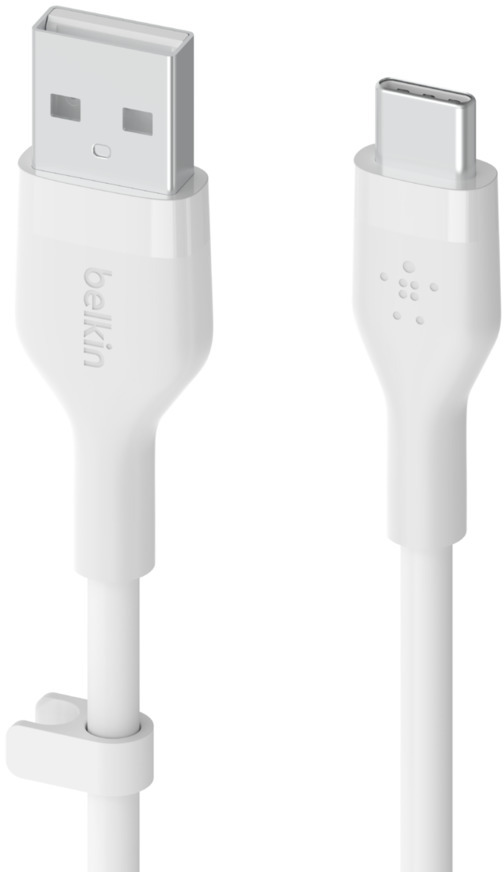 Câble USB vers USB-C blanc avec le logo Belkin. Le câble dispose d'un clip de gestion.