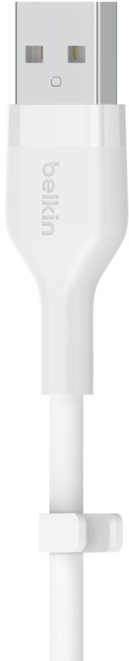 Câble USB vers Lightning blanc. Le câble est blanc avec un logo Belkin.