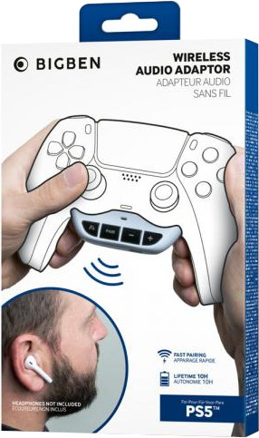 Box with a wireless audio adapter for PS5. Showing a person's hands holding the adapter.