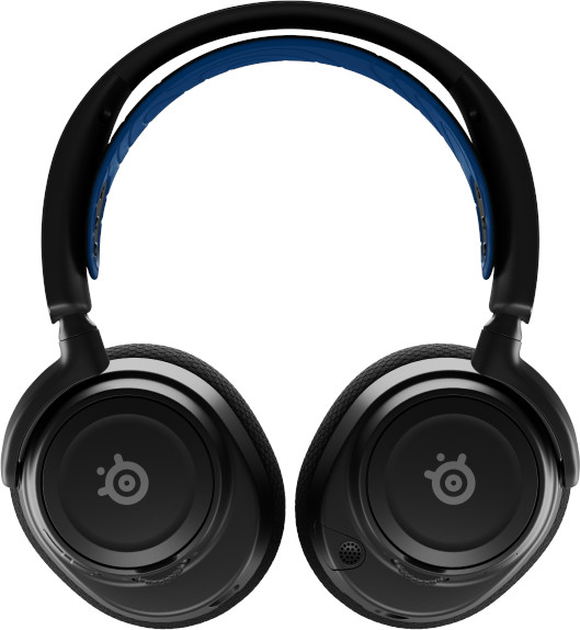 Casque noir avec bandeau bleu. Les écouteurs ont un logo.
