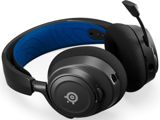 Casque de jeu noir et bleu avec microphone. L'écouteur gauche affiche un logo.