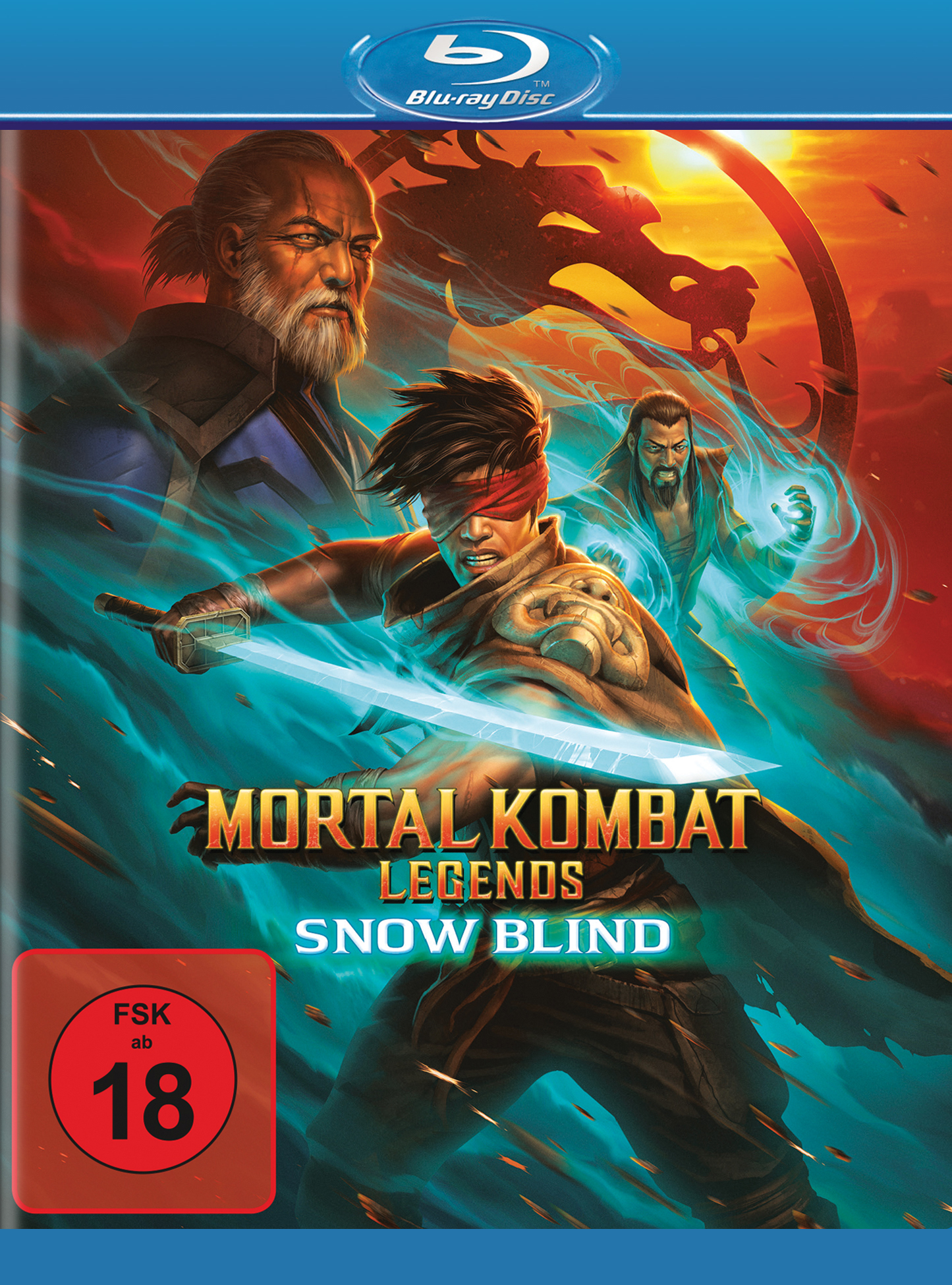 Ein Filmcover für Mortal Kombat Legends: Snow Blind. Enthält Charaktere und einen Drachen, mit einem roten FSK18-Aufkleber.