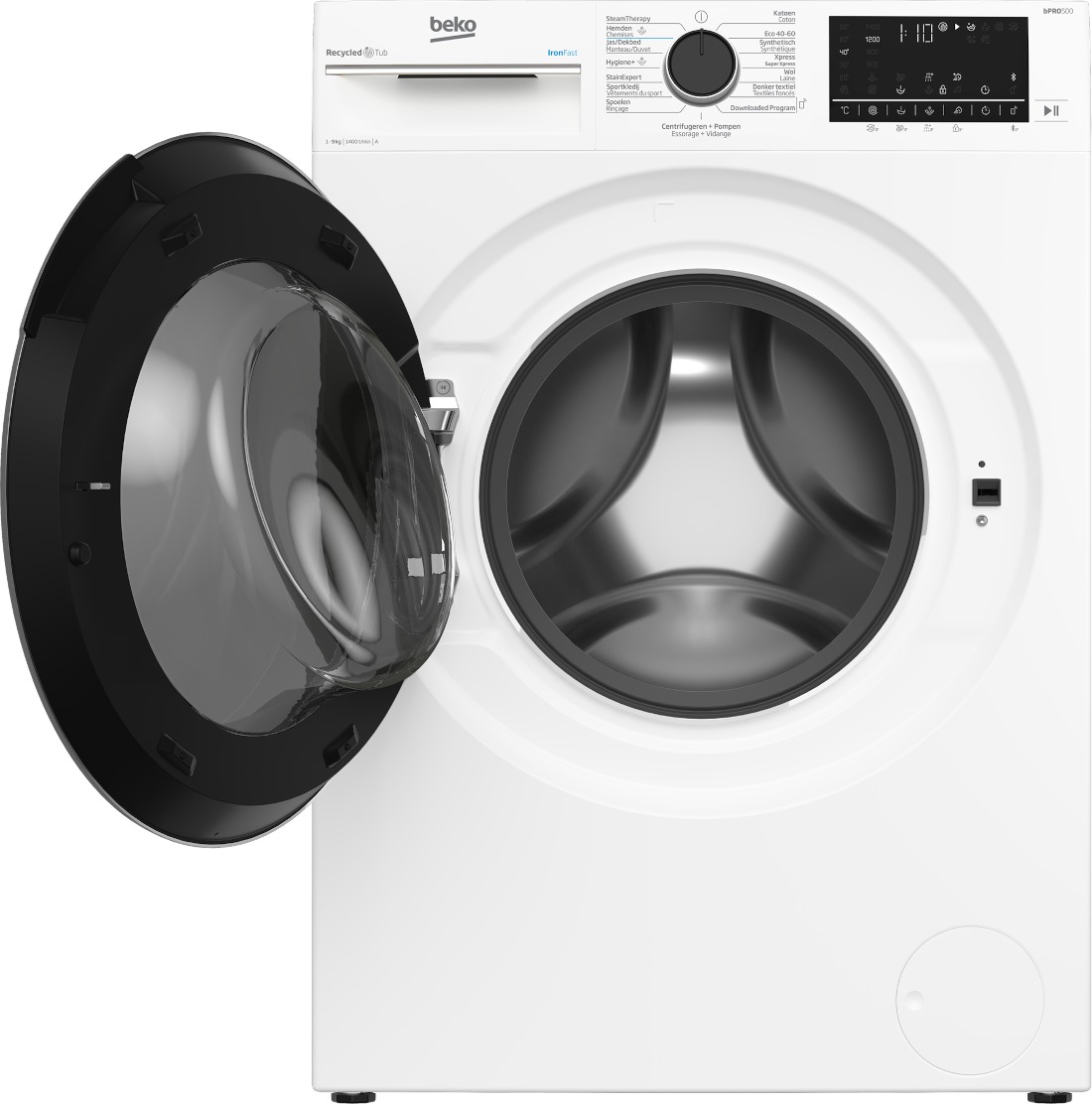 Witte wasmachine met de deur open. Het bedieningspaneel en de trommel van de machine zijn zichtbaar.