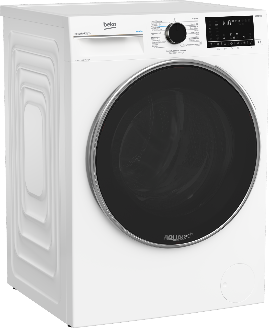 Witte wasmachine met een zwarte deur en bedieningspaneel.