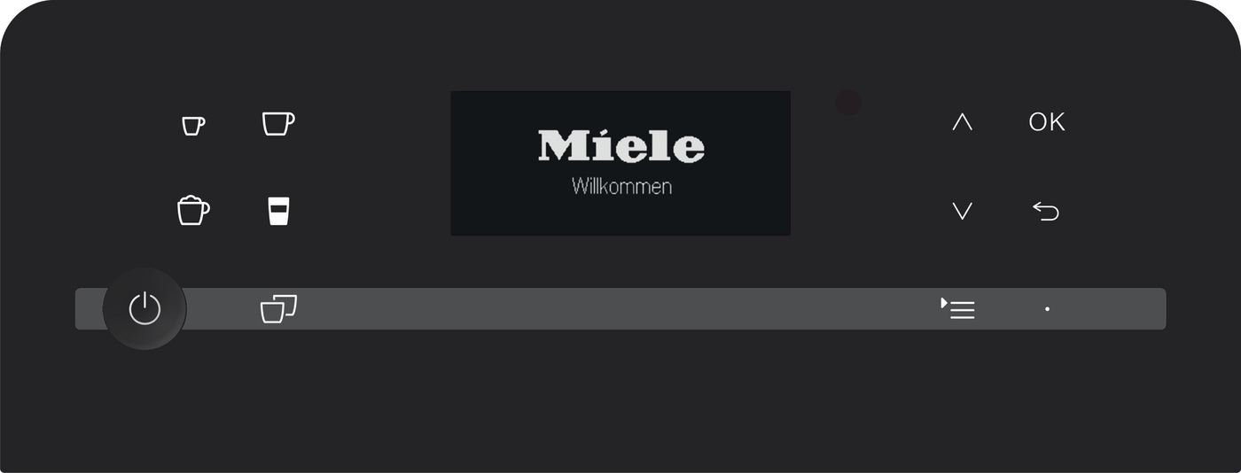 Ein schwarzes Bedienfeld des Miele-Geräts. Es hat einen Bildschirm mit 'Miele' und Symbolen für Kaffeeoptionen.