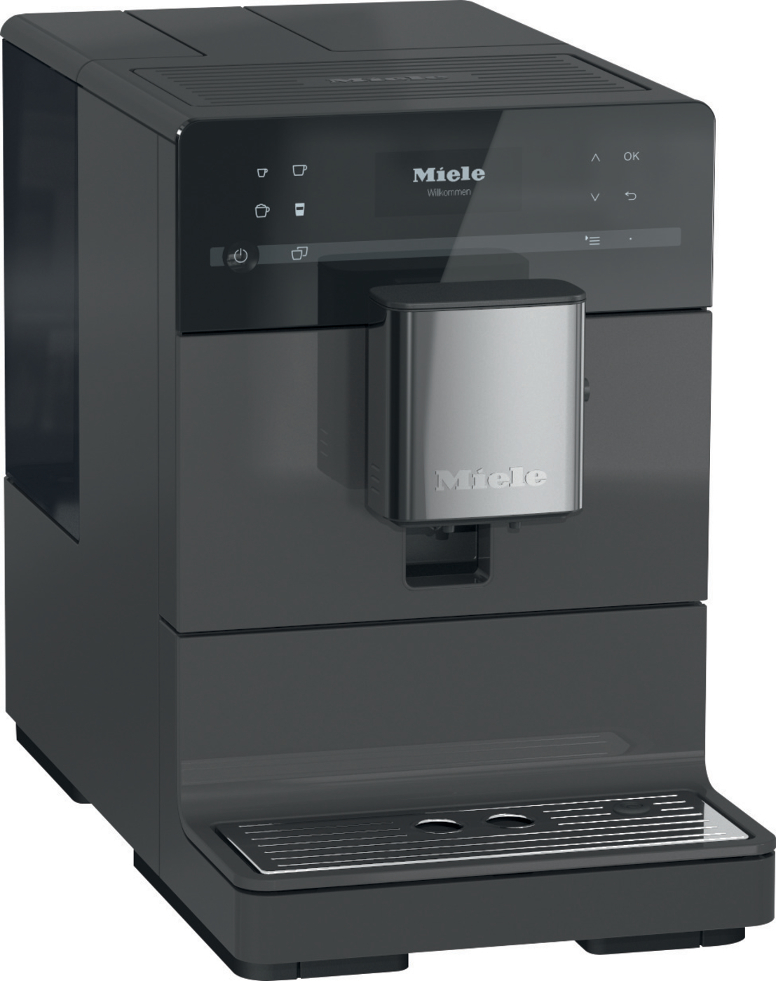 Eine schlanke, dunkelgraue Miele Kaffeemaschine mit silbernem Auslauf und Bildschirm. Nahaufnahme.