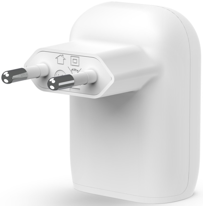 A white electrical plug adapter with two prongs and a rounded body. It is against a white background.