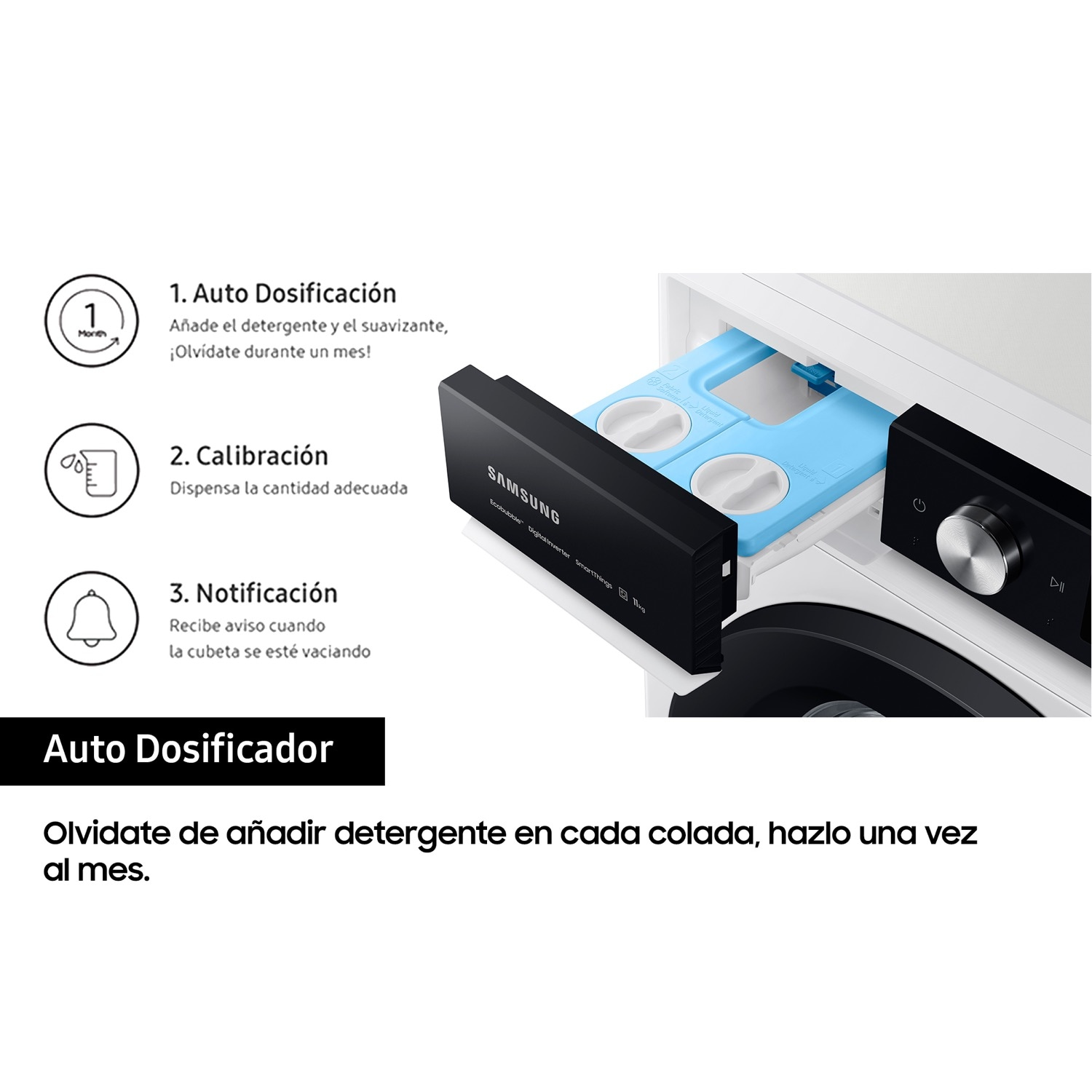 Primer plano del cajón del detergente de una lavadora. Características de dosificación automática, calibración y notificación.