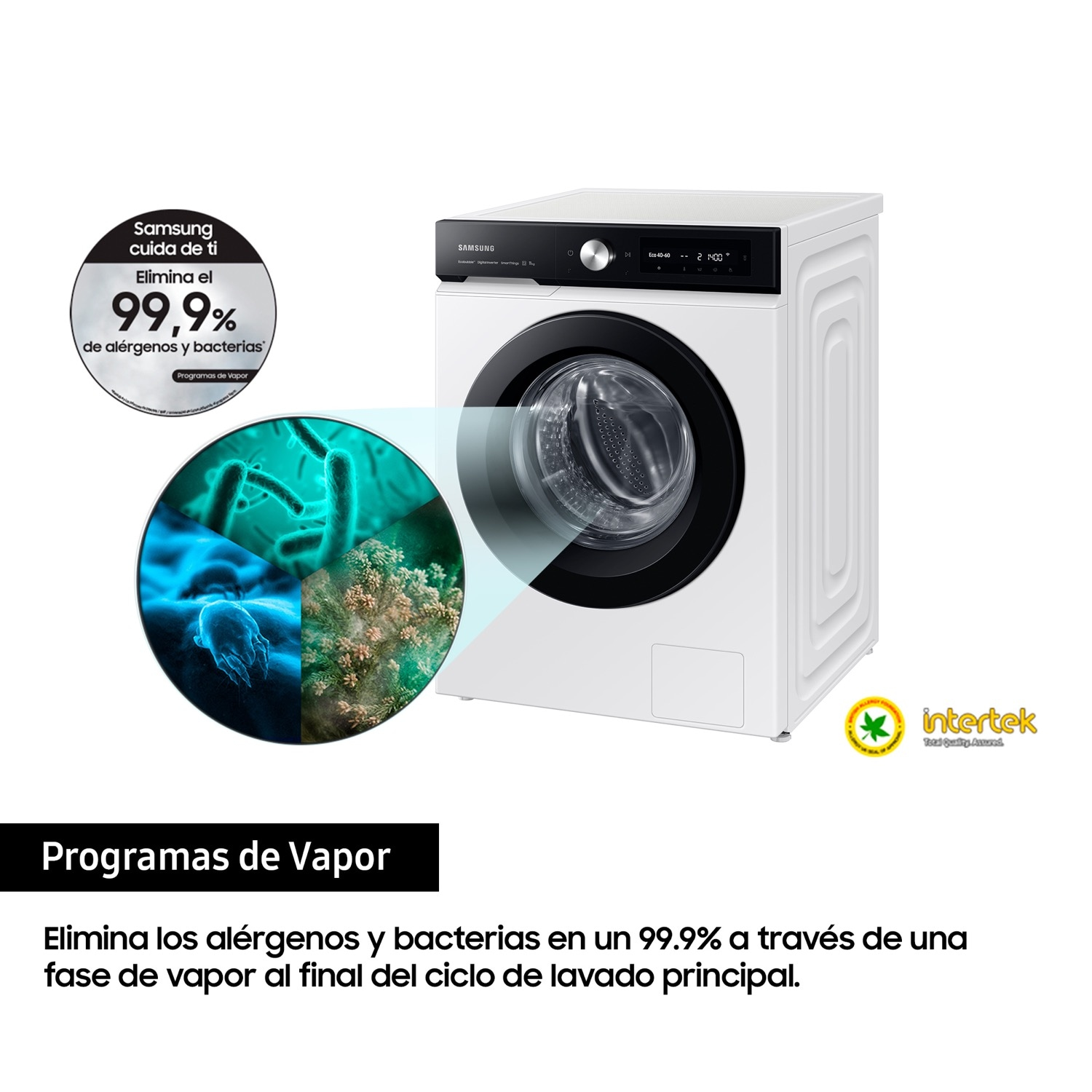 Una lavadora blanca con ventana redonda, mostrando un primer plano de bacterias y el texto 'Samsung'.