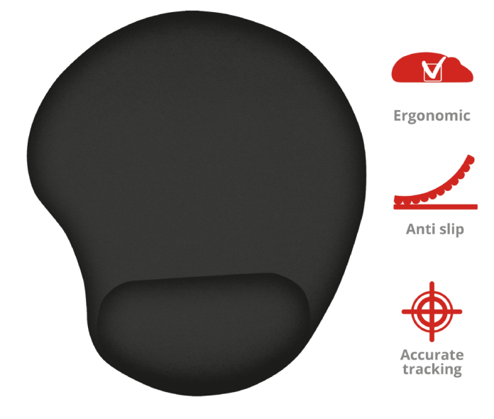 Fekete ergonomikus egérpad csuklótámasszal, ergonomikus, csúszásgátló és precíz követés feliratokkal.